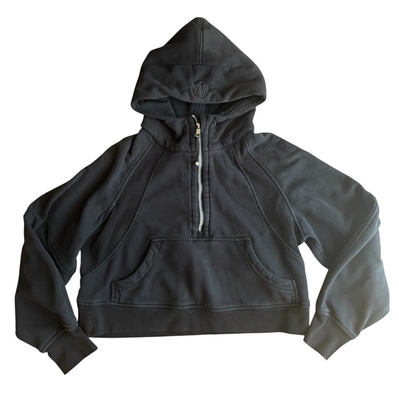 lululemon athletica Sweaters - Lululemon Cropped Quarter Zip Hoodie Black Thumb Holes Scuba Style Pullover 2